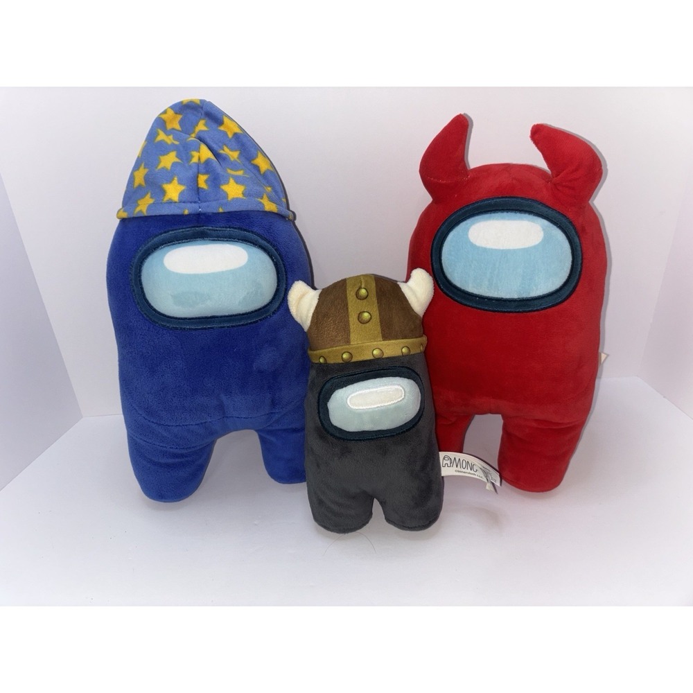 Among Us Plush Blue 12" Sleeping Star Cap Red & 7" Gray Viking Hat Toikido